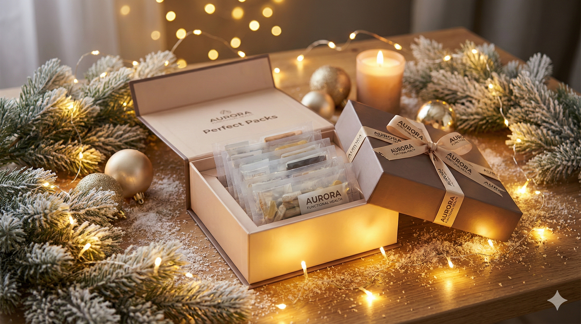Open gift box with jewelry, Christmas decor, snowy branches, glowing lights, and a candle.