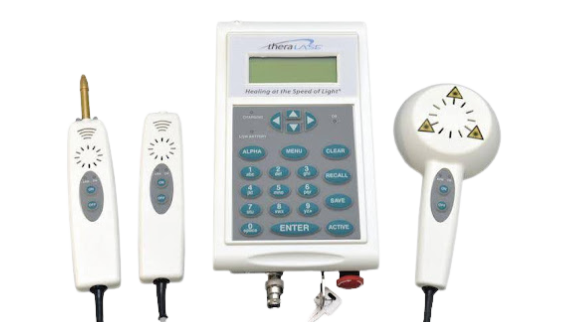A white device with a clock on it is sitting on a white surface.