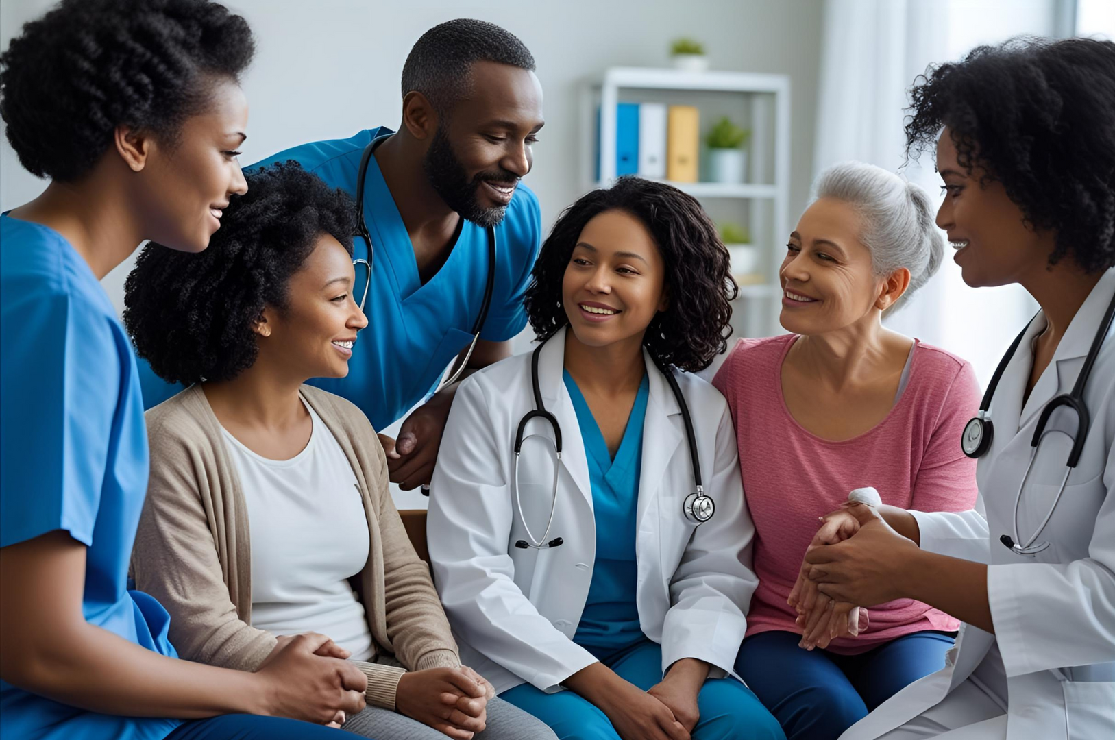 A group of doctors and nurses are sitting on a couch talking to a patient.