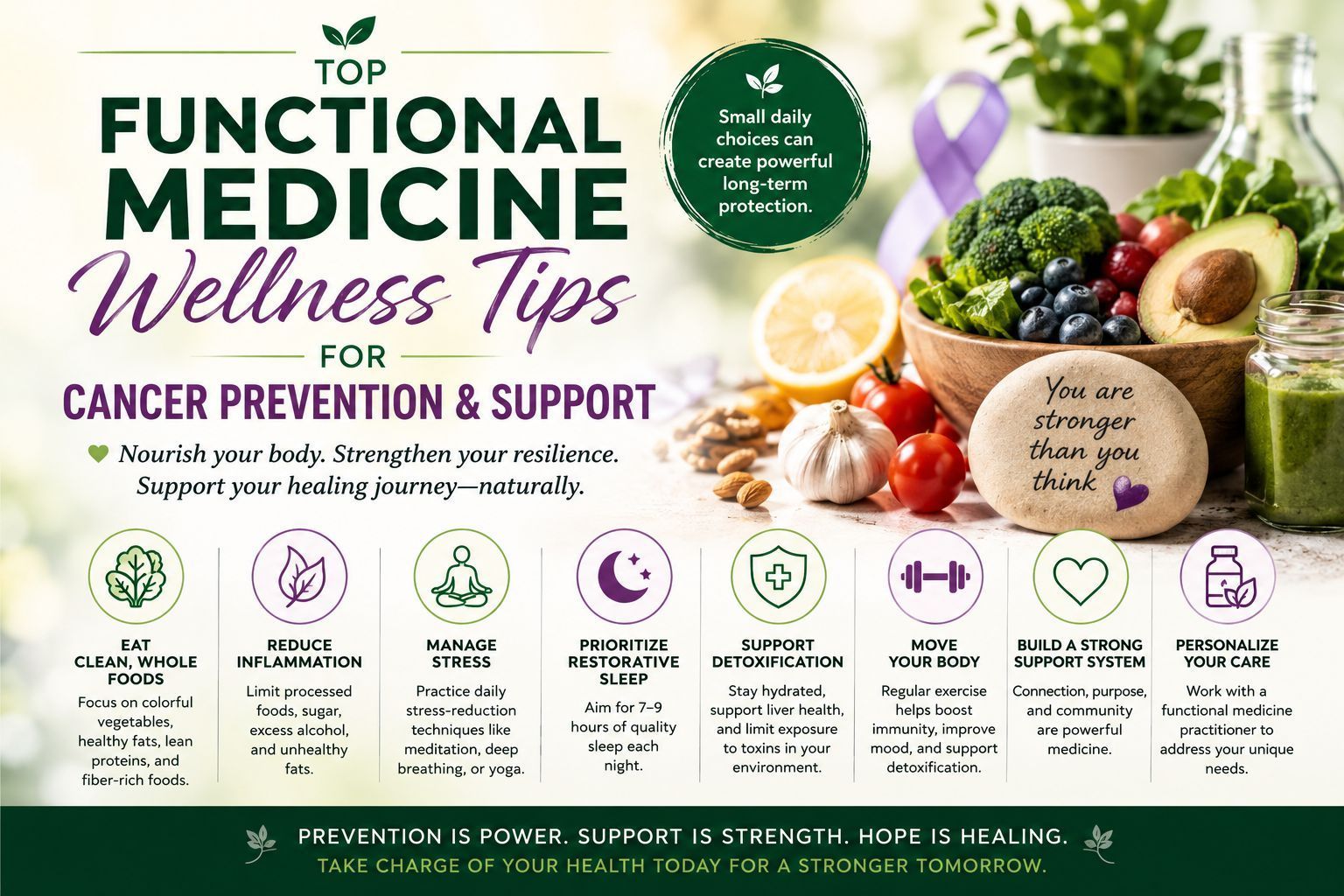 Functional medicine wellness tips infographic for cancer prevention, with healthy foods and icons on a green-white background