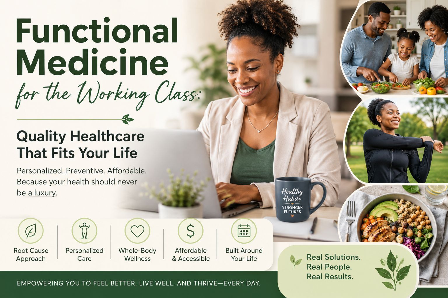 Promotional banner for Functional Medicine for the Working Class with healthcare, wellness, and food images