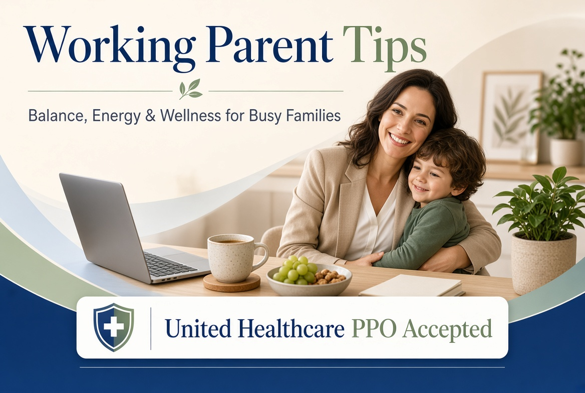 Promotional banner for Functional Medicine for the Working Class with healthcare, wellness, and food images