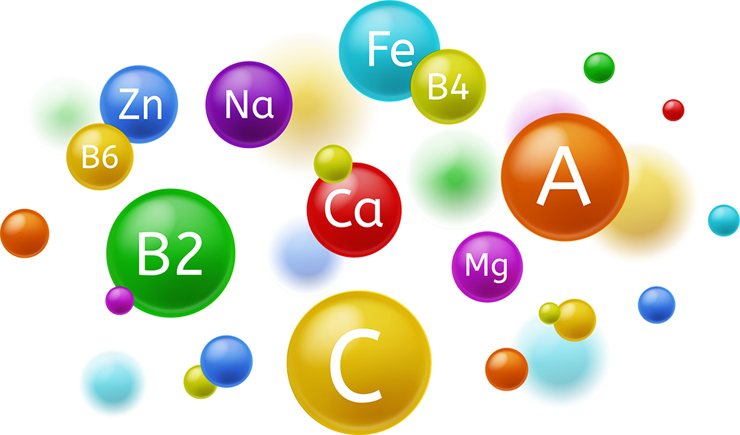 A bunch of vitamins are floating in the air on a white background.