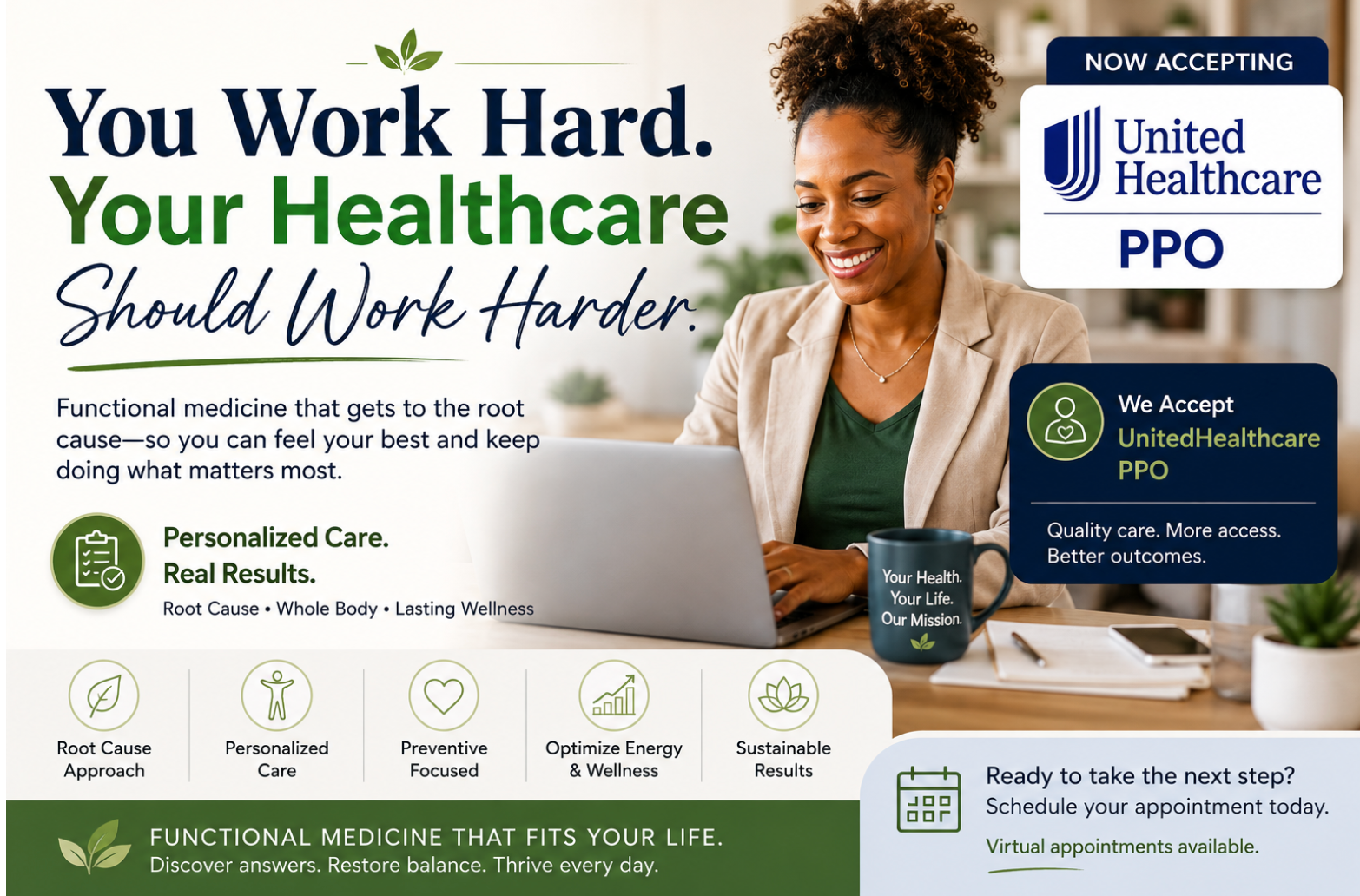 Promotional banner for Functional Medicine for the Working Class with healthcare, wellness, and food images