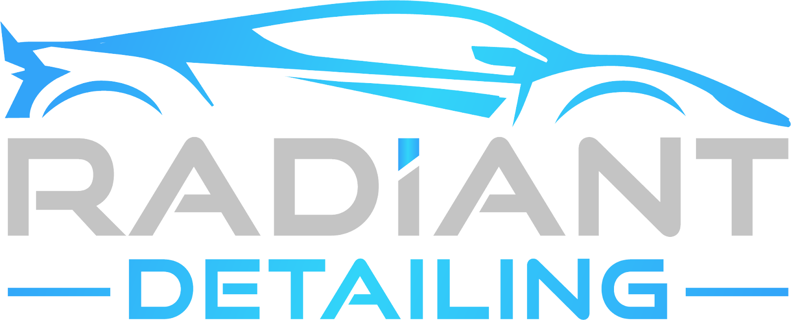 Logo for Radiant Detailing. Blue car silhouette above gray text "RADIANT DETAILING" with a blue line.