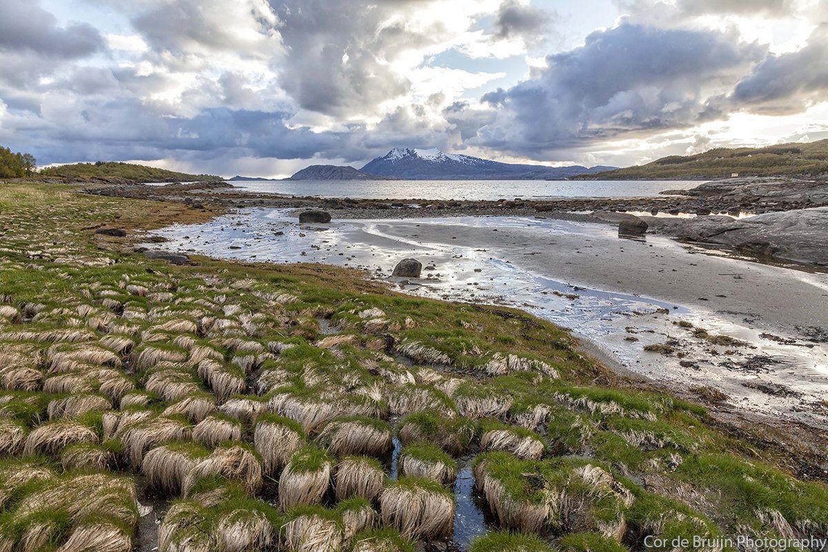 Rocky shoreline with water, mountains in the distance, and dramatic cloudy sky.