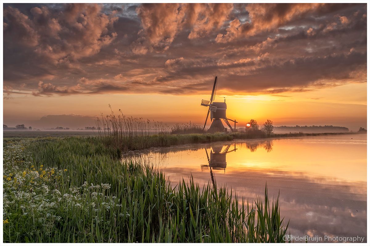 Sunset over a windmill reflected in calm water beside reeds and a dramatic cloudy sky