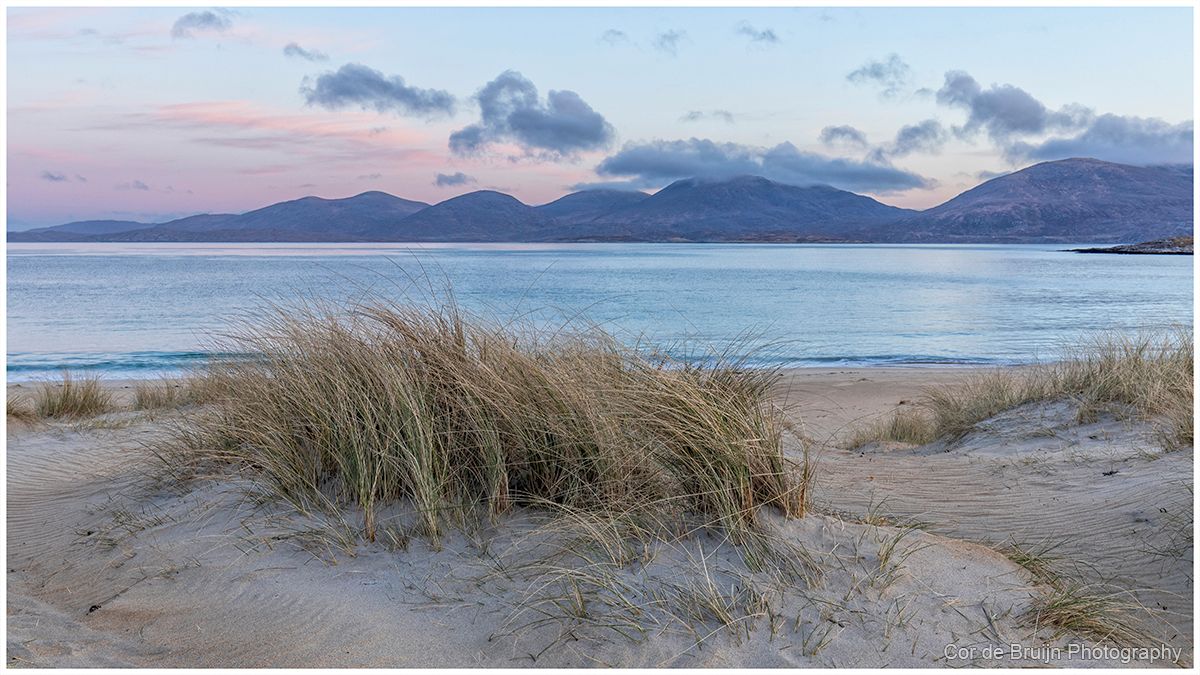 Sandy beach with dune grass, ocean, mountains, and pastel sky.