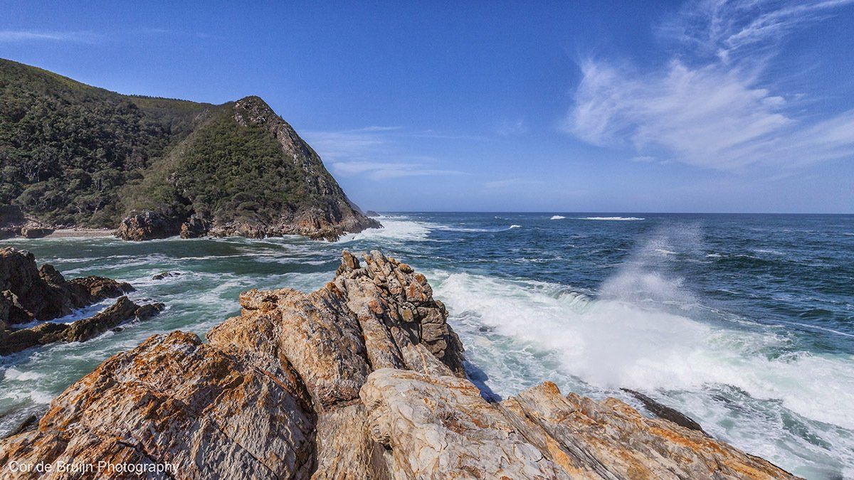 Rocky coastline with crashing waves under a blue sky, forest-covered cliff in the background.