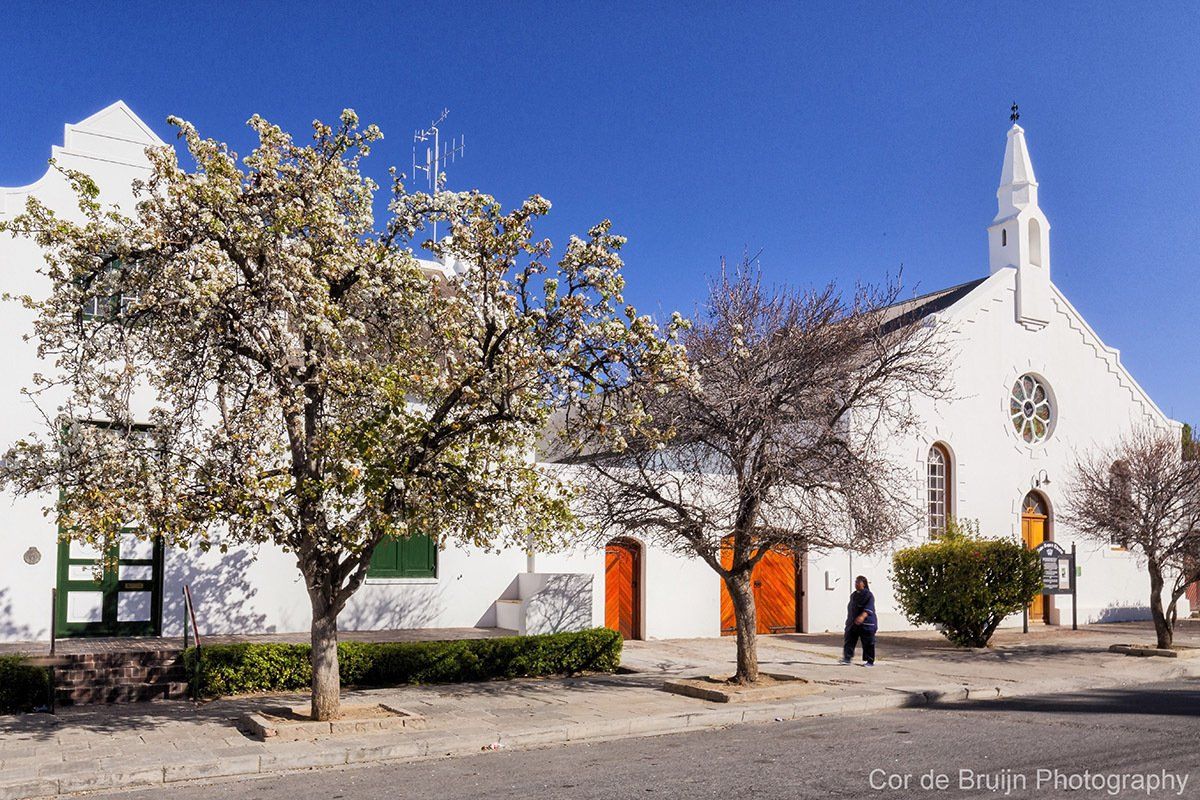 White church with steeple, blooming trees, colorful doors, and a person walking on a sunny day.