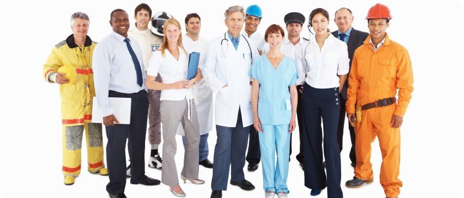 Group of people in various professions standing together.