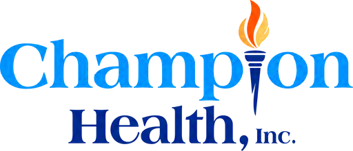 Champion Health, Inc. logo with blue and white text and a torch icon with orange and yellow flames.