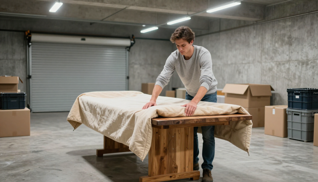 Person wrapping furniture in moving blankets inside a storage unit