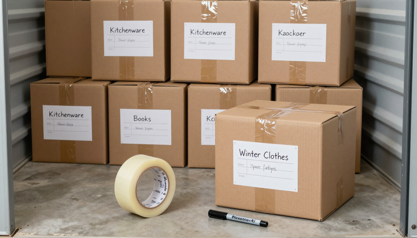 Neatly stacked labeled boxes in a storage unit