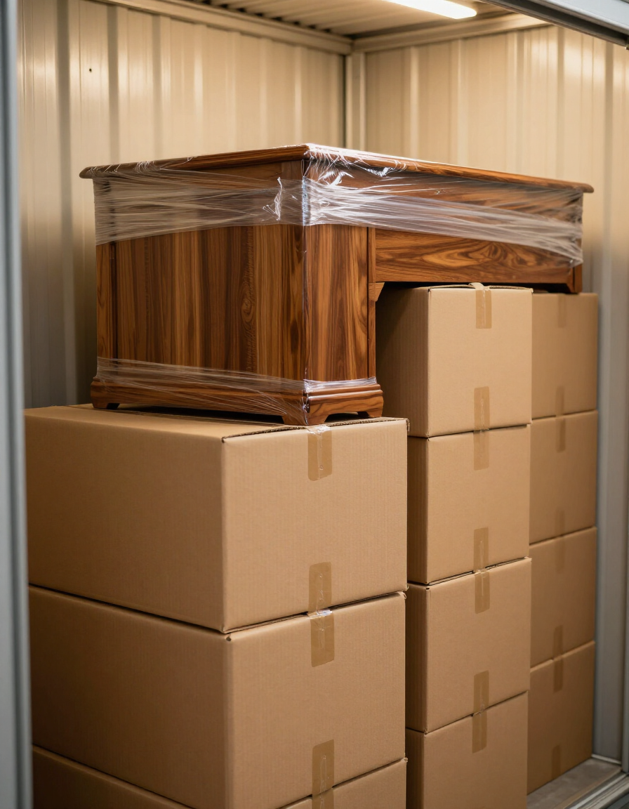 Stacked cardboard boxes with a wrapped wooden cabinet stored in a storage unit