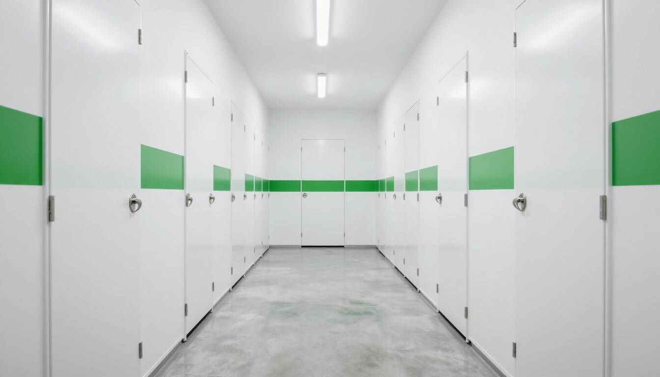 Bright white storage corridor with rows of unit doors and green horizontal stripes
