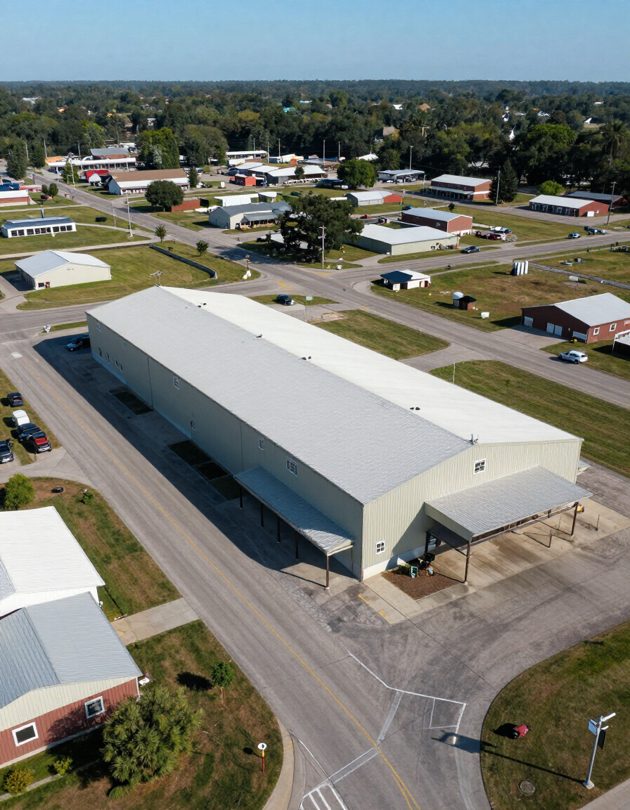 Aerial view of a large white industrial building with a parking lot and surrounding neighborhood streets