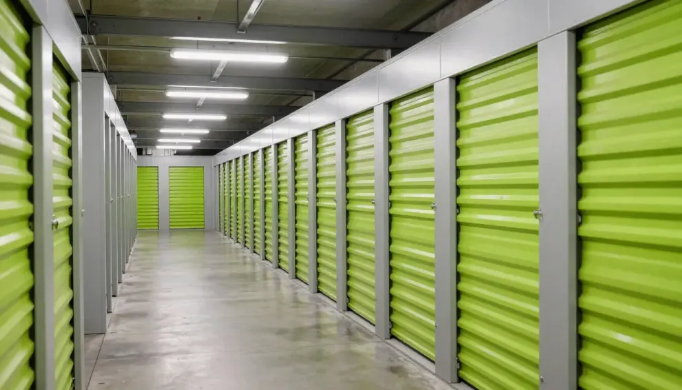 Bright green storage unit doors lining a clean indoor hallway