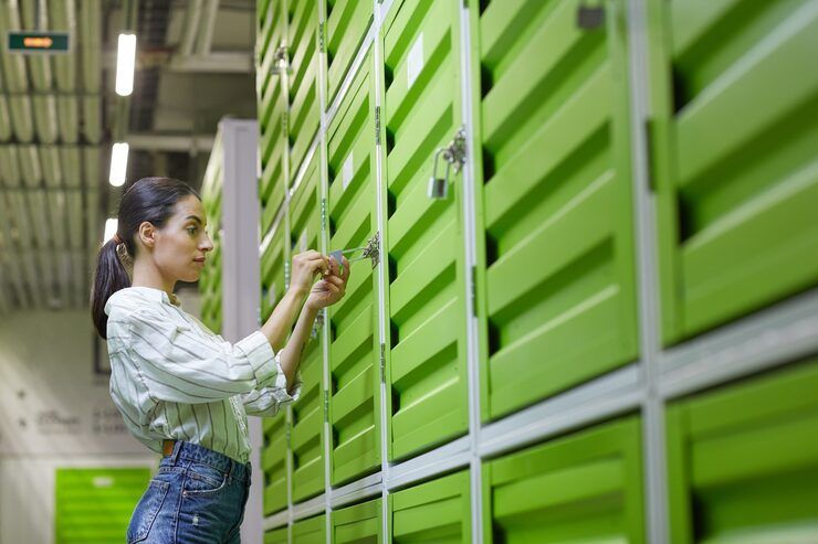 Woman adjusting a row of bright green lockers in a hallway