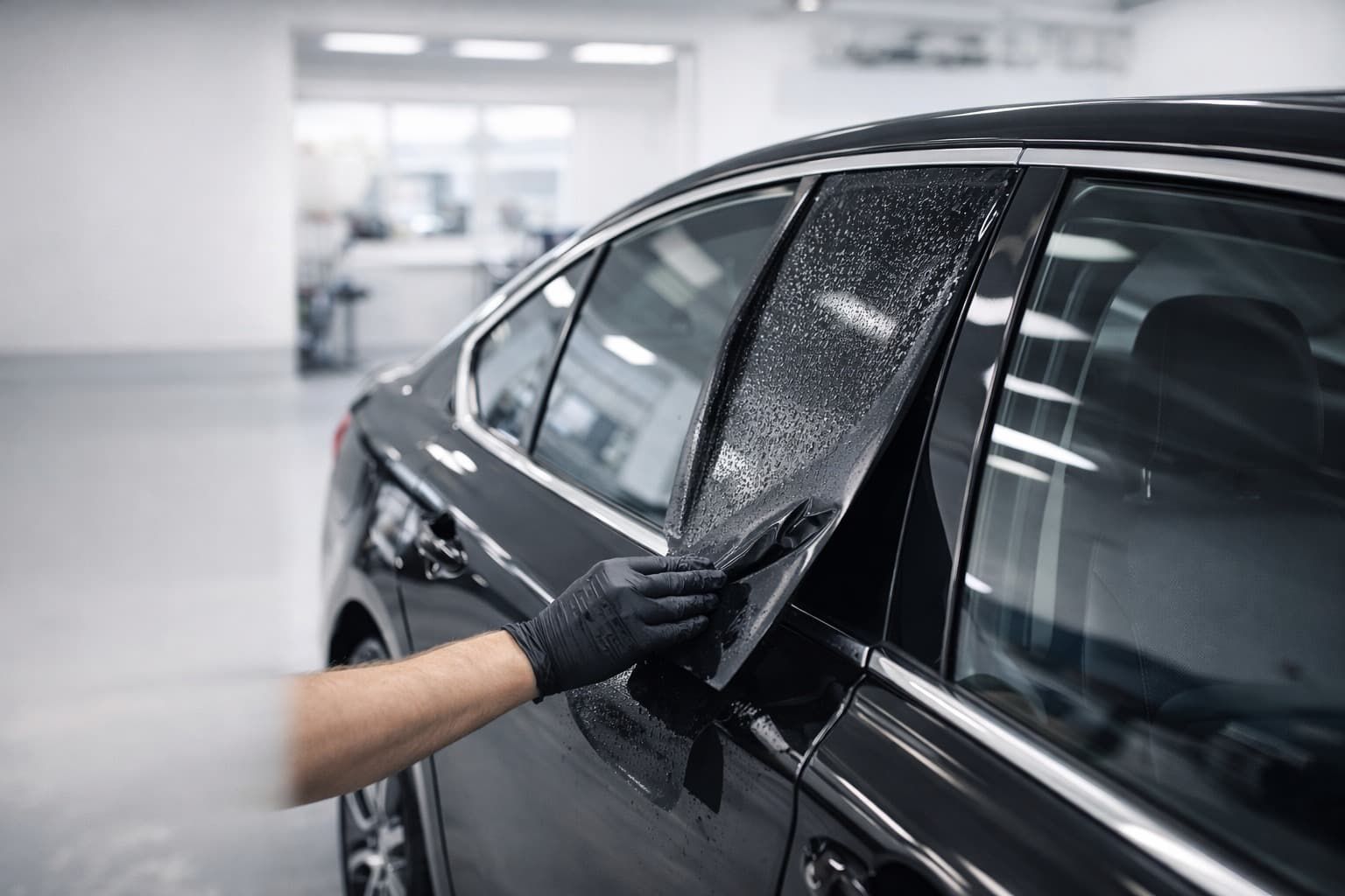 A person wearing black gloves applies a dark adhesive film to the car's window pillar in a workshop.