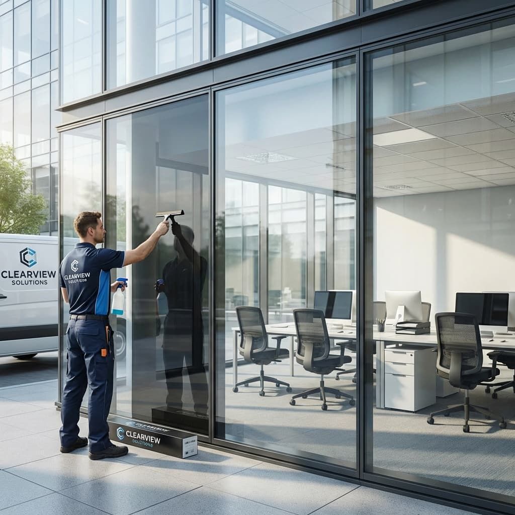 A worker in a blue uniform cleans a large office window from the outside, with an office interior visible behind.