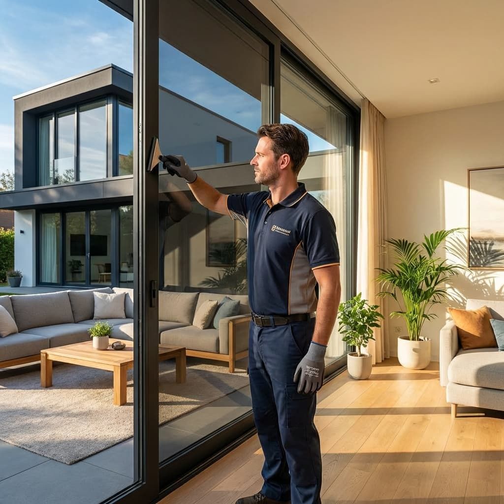 A professional wearing dark work clothes and gloves cleans a large sliding glass door in a modern, sunlit living room.