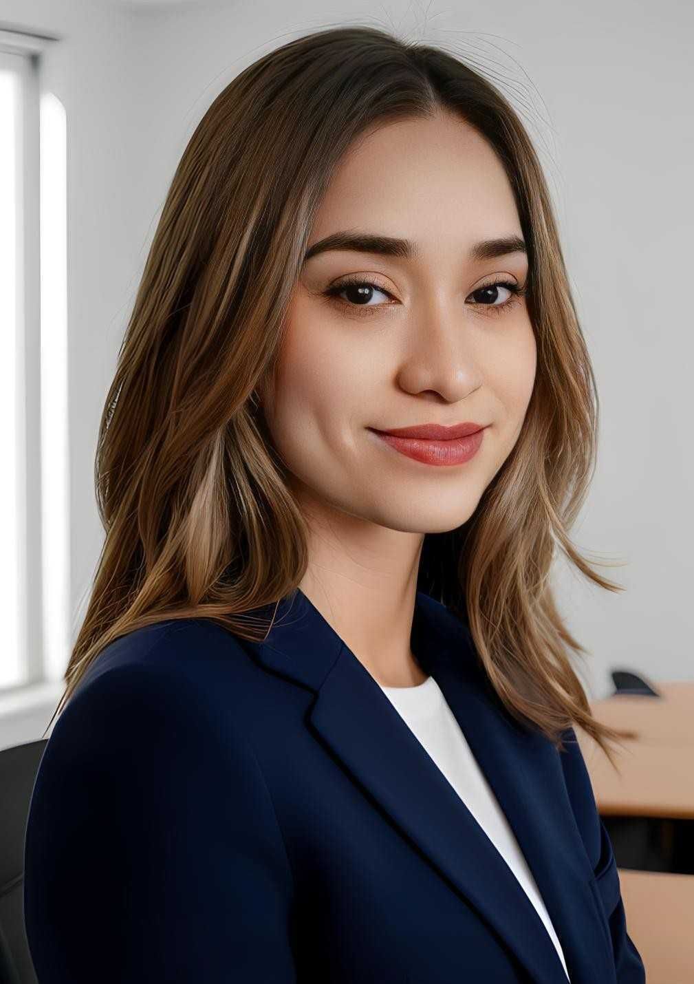 Portrait of a woman in a navy blazer, smiling in an office setting.