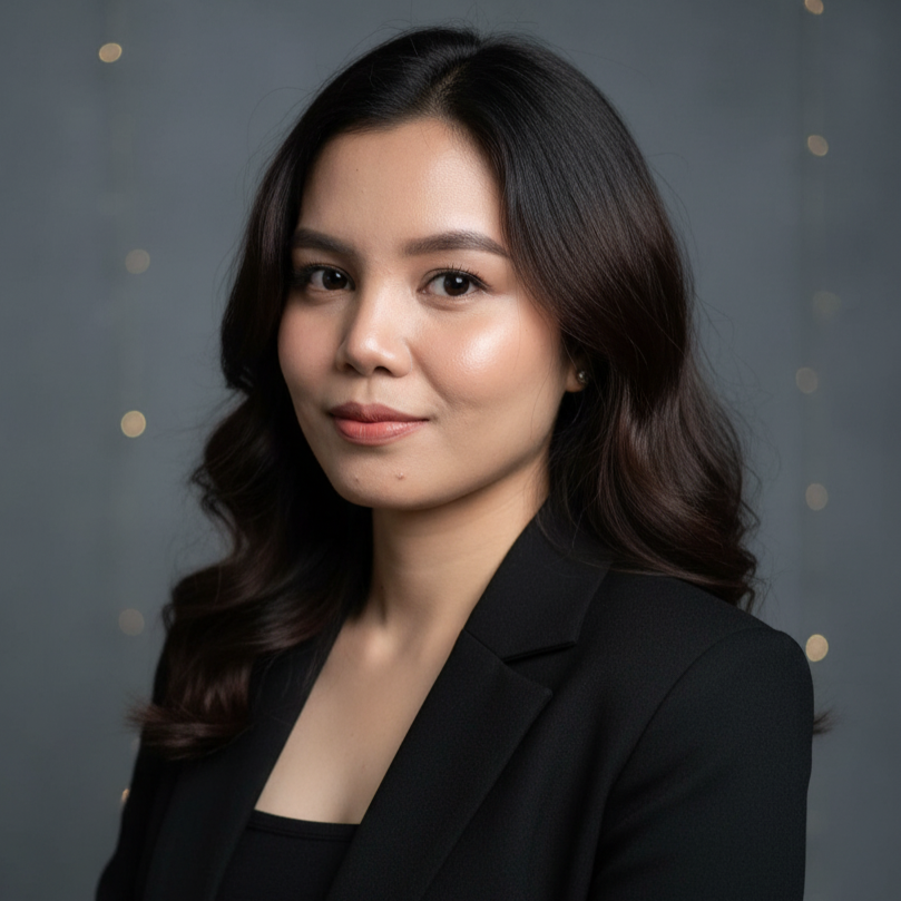 Studio headshot of a woman in a black blazer against a gray background.