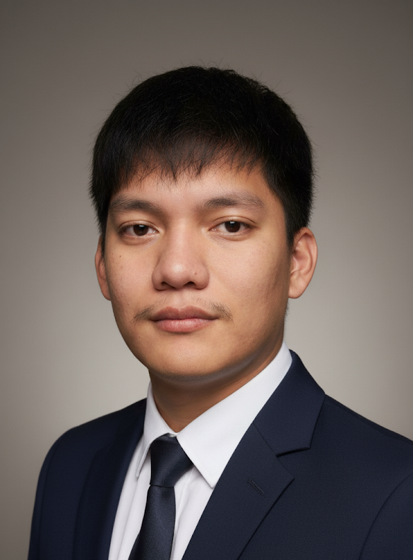 Studio portrait of a man in a dark suit, white shirt, and tie against a neutral background