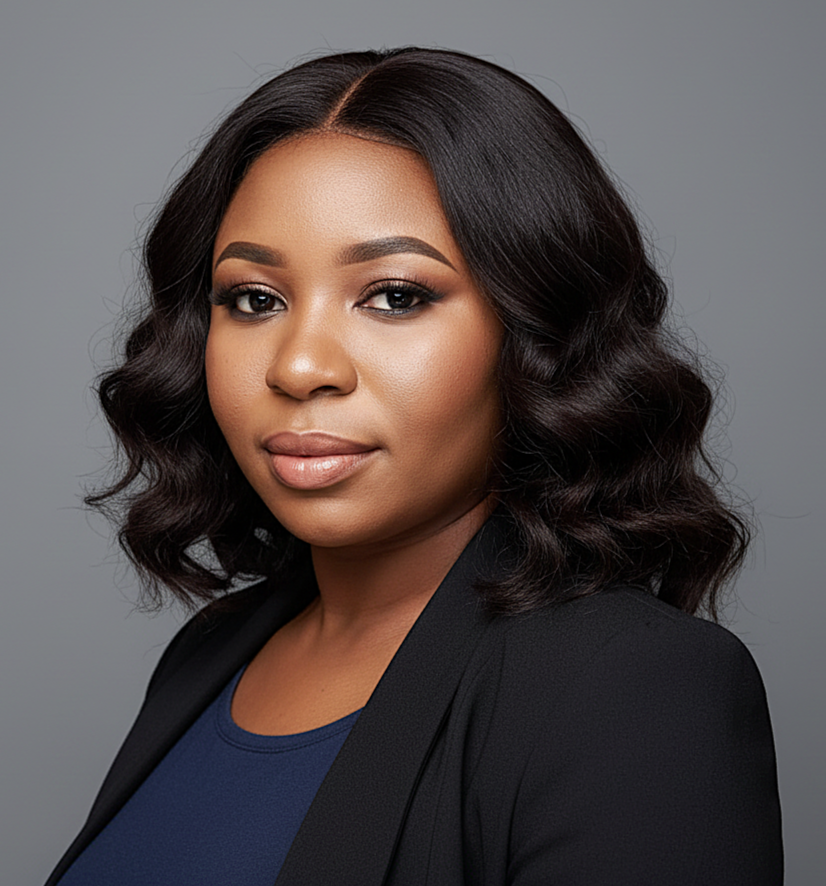Studio headshot of a person in a black blazer and navy top against a gray background