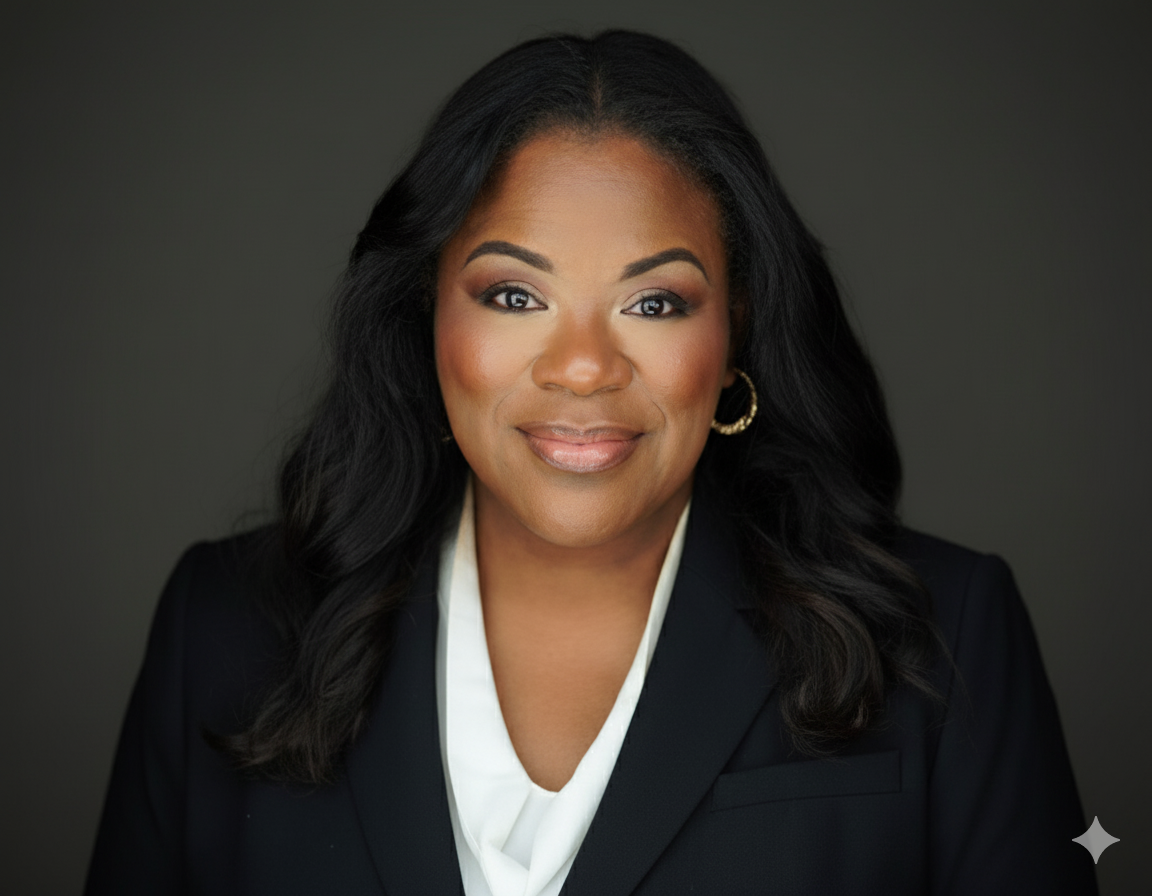 Lisa Wogwu in a black blazer and white blouse against a dark background.