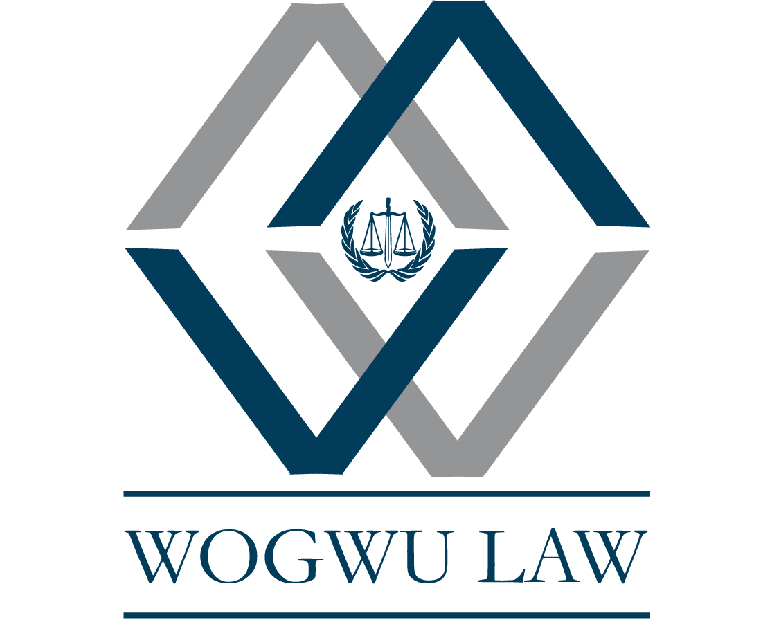 WOGWU LAW logo with interlocking gray and blue geometric shapes and a small justice emblem