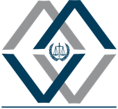 Abstract blue and gray geometric logo with a small scales-of-justice emblem in the center