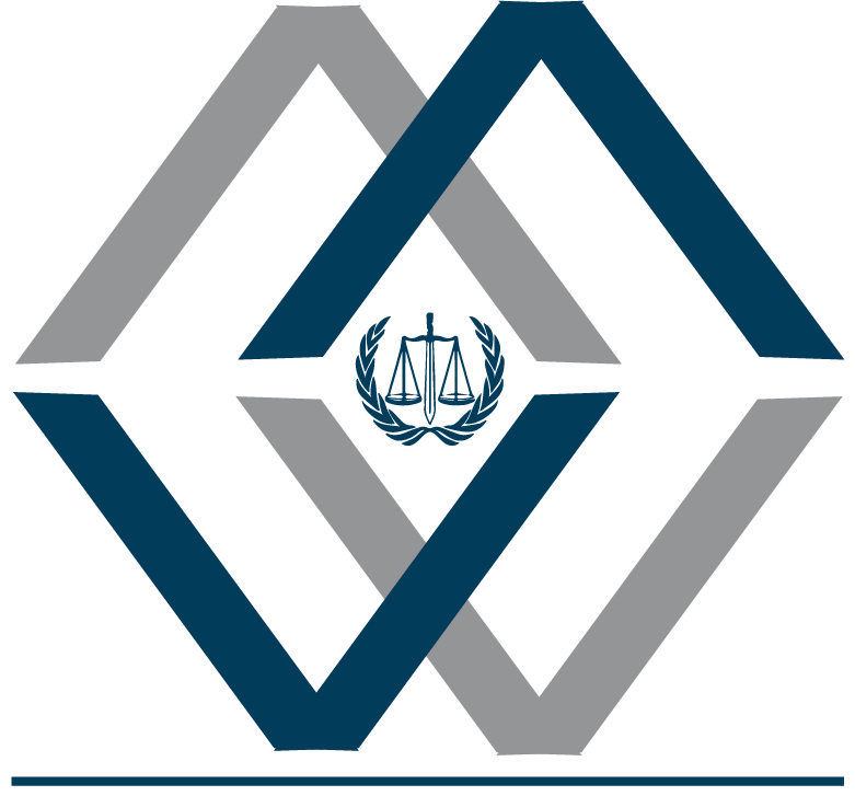 Abstract blue and gray geometric logo with a small scales-of-justice emblem in the center