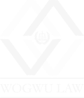 WOGWU LAW logo with interlocking blue and gray geometric shapes and legal scales emblem