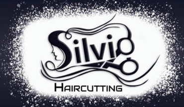 Silvio Haircutting logo in black and white with stylized script and abstract hair silhouette