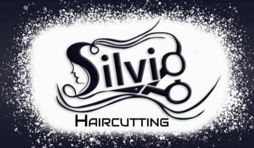 Silvio Haircutting logo in black and white with stylized script and abstract hair silhouette