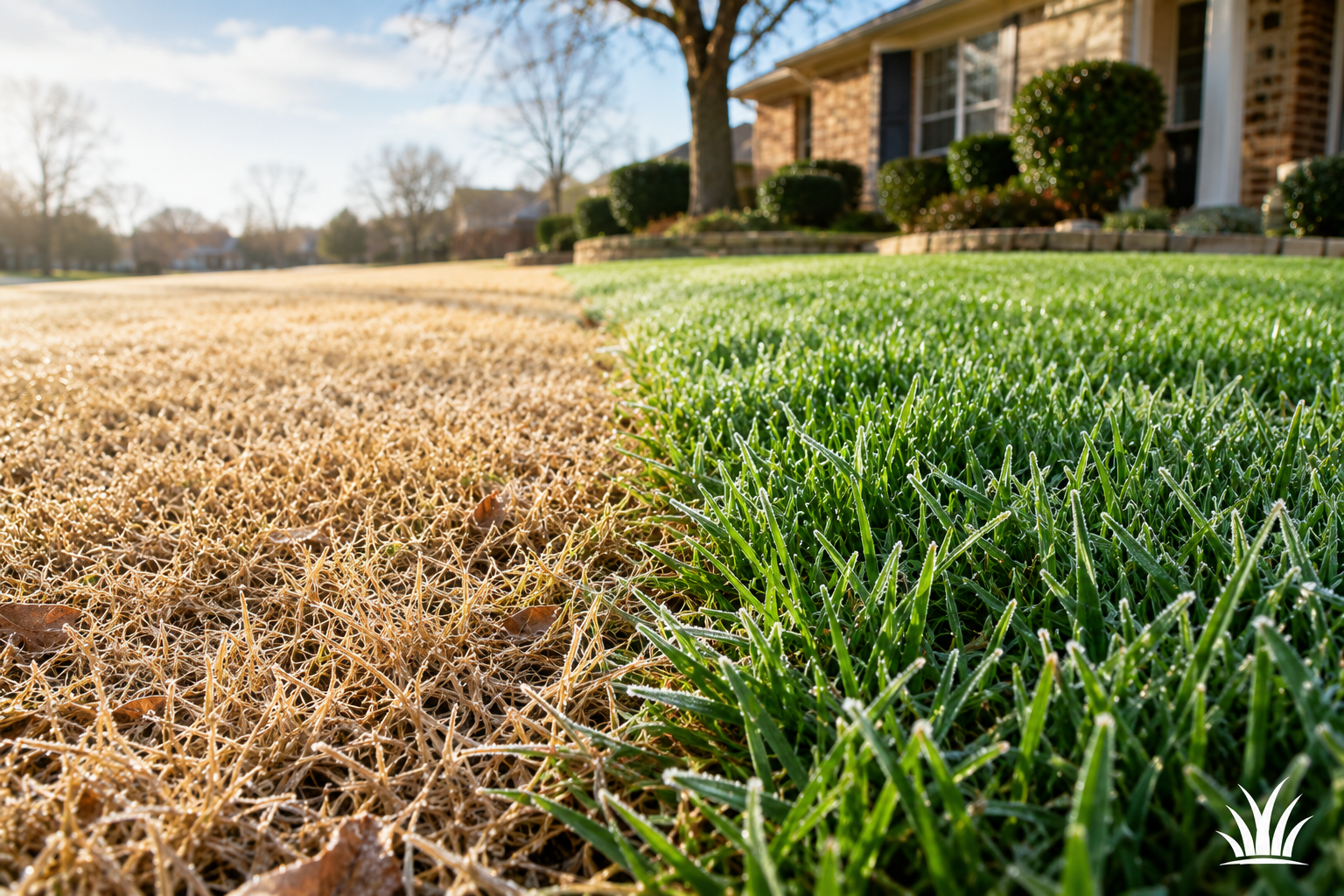 Dormant brown Houston-area lawn after a winter freeze beside healthy green grass.