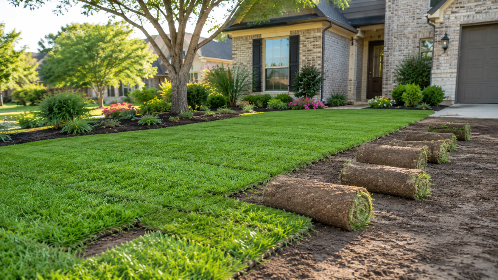 Fresh spring sod beside prepared soil in a Houston-area suburban yard.