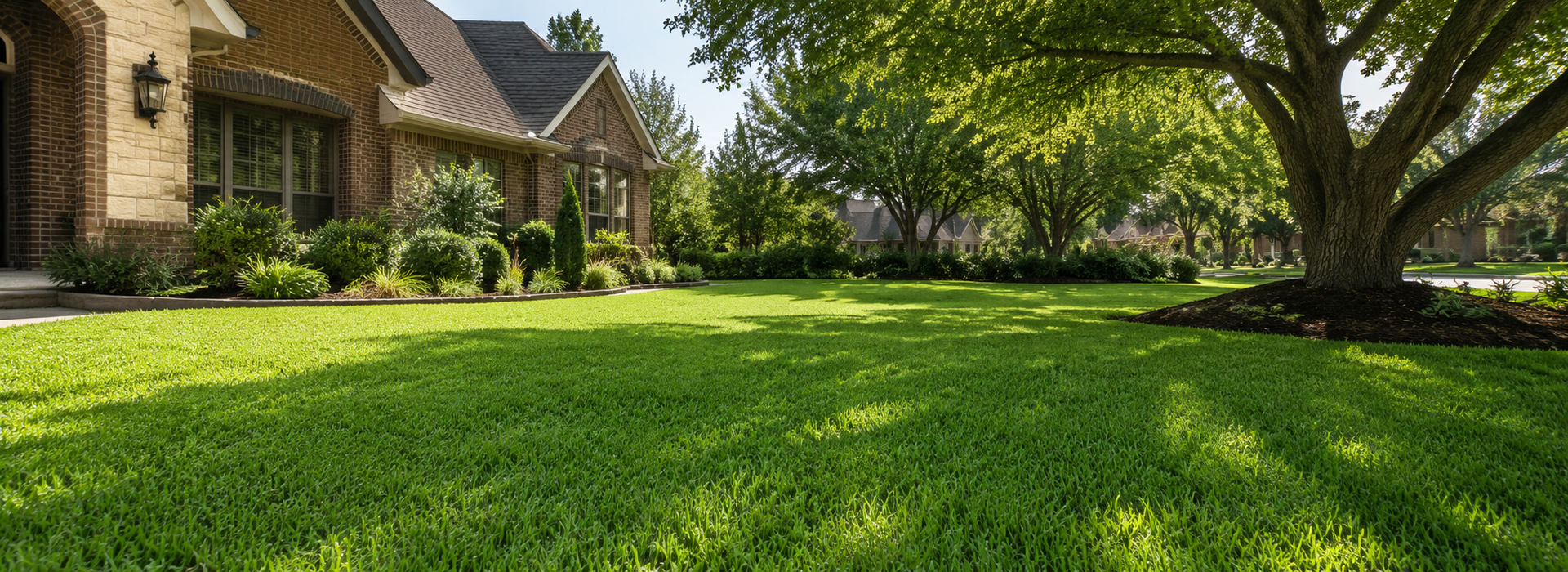 Healthy drought-tolerant lawn growing in sun and partial shade at a Houston-area home.
