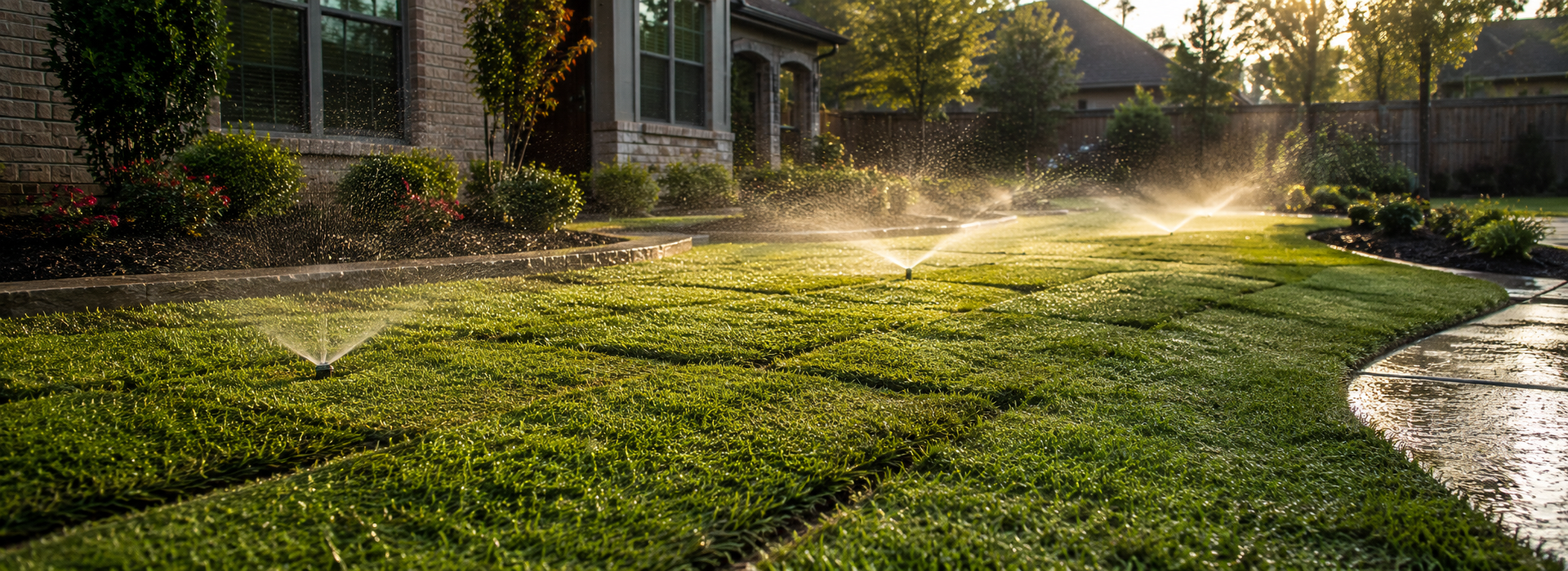 Houston-area yard divided into measured sections beside pallets of fresh sod.