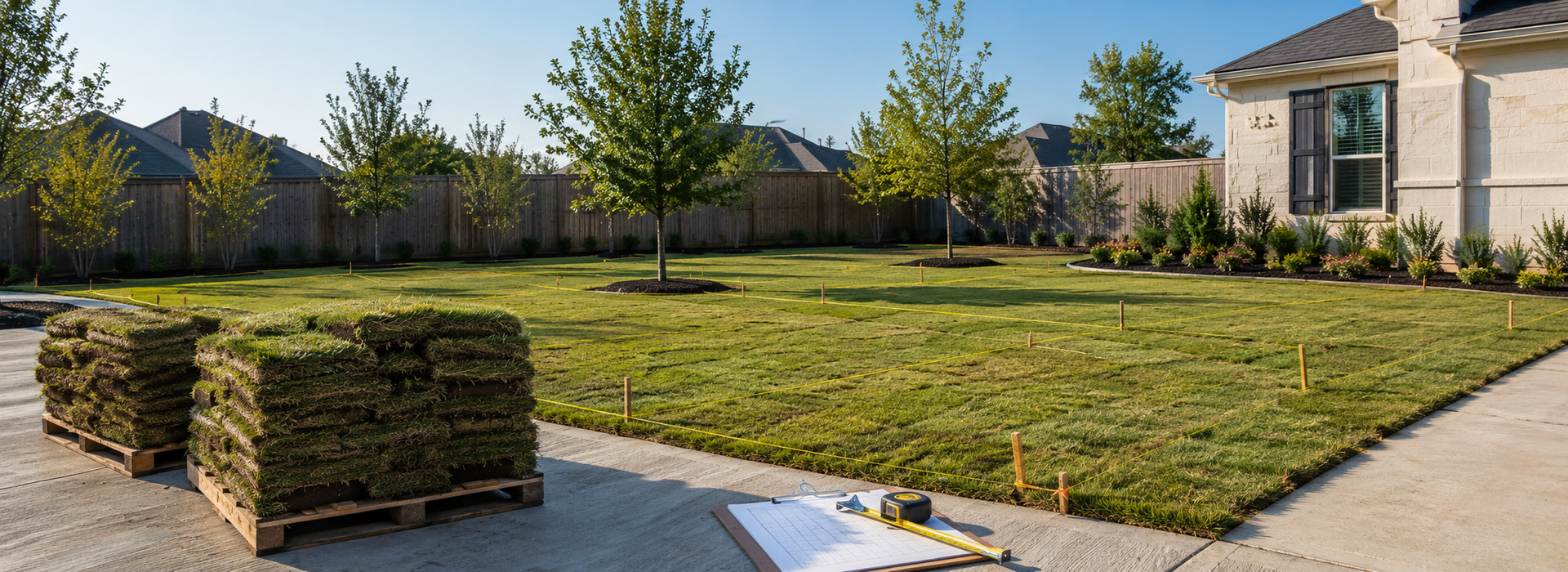 Freshly installed sod receiving early-morning irrigation during a Houston summer.