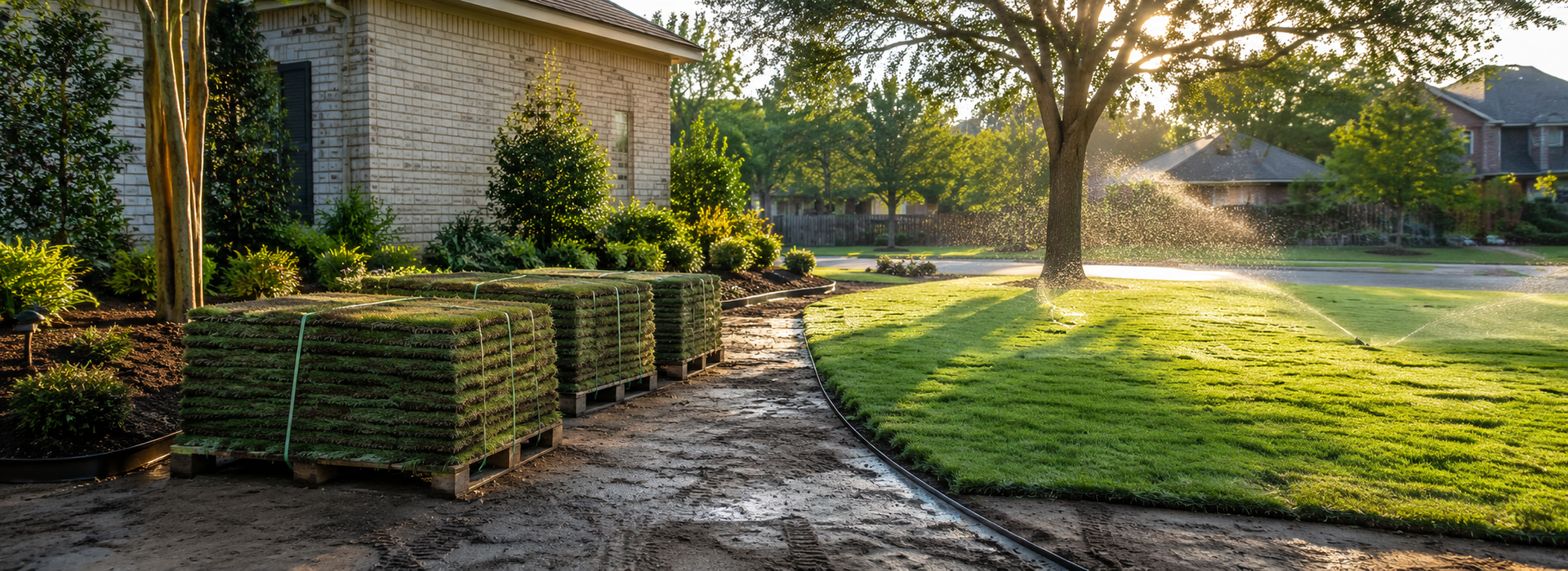 Fresh sod and a prepared Houston yard ready for summer installation and watering.