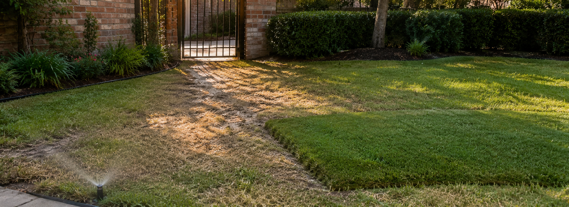 Summer-damaged Houston-area lawn being repaired with fresh green sod near a worn gate.