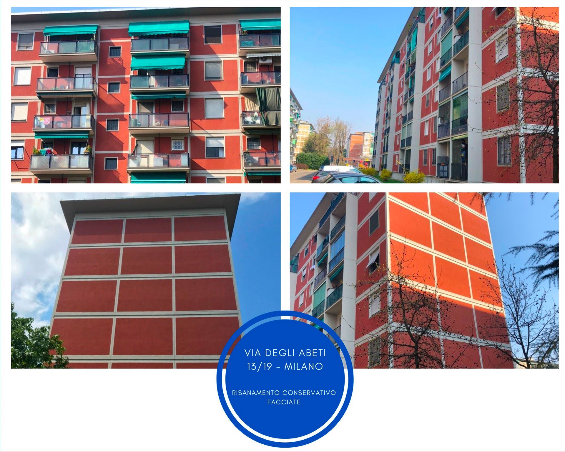 Quattro foto di un condominio rosso con tende da sole verdi a Milano, Italia.