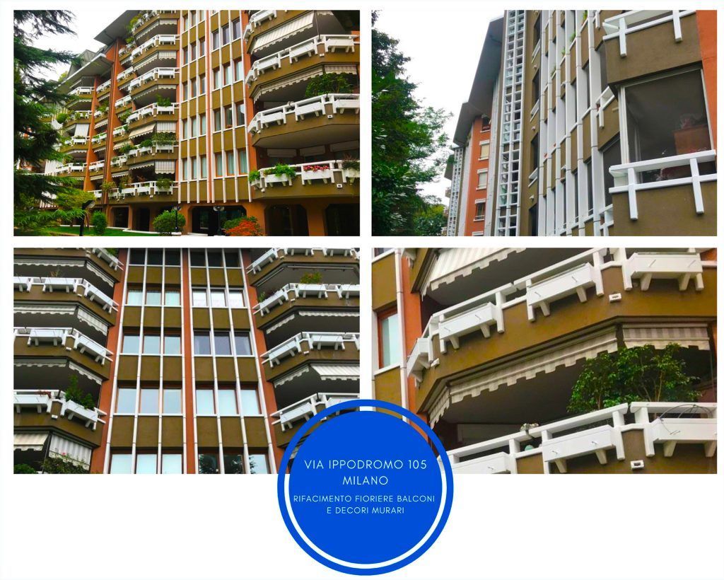 Esterno di un condominio, beige e marrone con balconi, viste multiple. Cerchio blu con testo in basso.