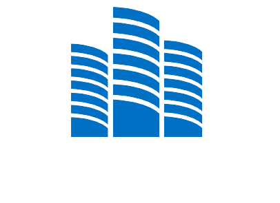 Icona di edifici stilizzati blu su sfondo bianco.