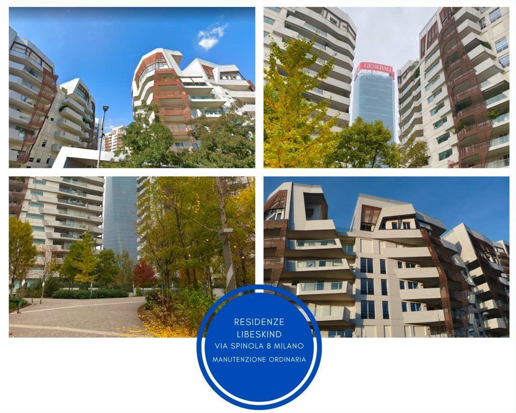 Quattro foto di edifici moderni in una città, forse Milano. Cielo azzurro, facciate in mattoni e bianche, alberi verdi e gialli.