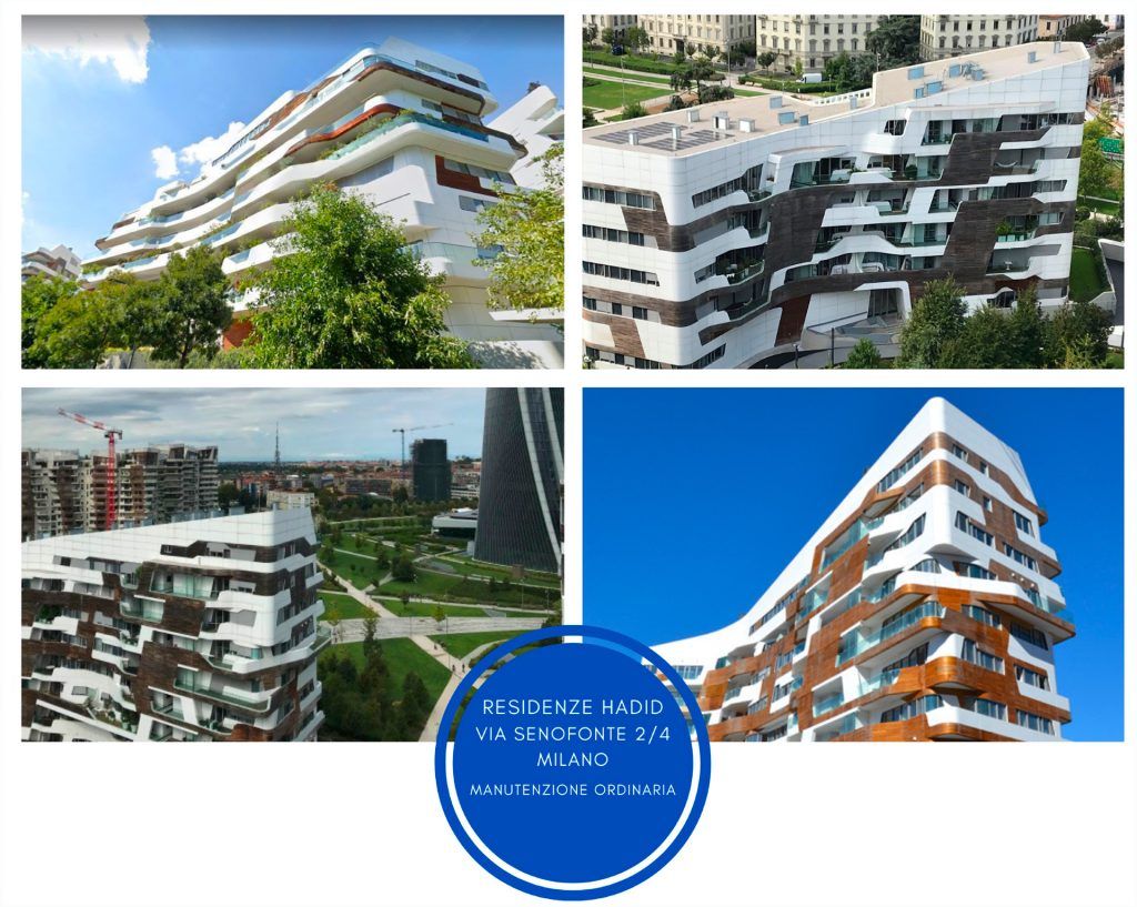 Quattro viste delle Residenze City Life a Milano, Italia, che mostrano un'architettura moderna bianca e marrone.