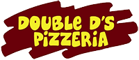 Double D’s Pizzeria logo in yellow text on a maroon background
